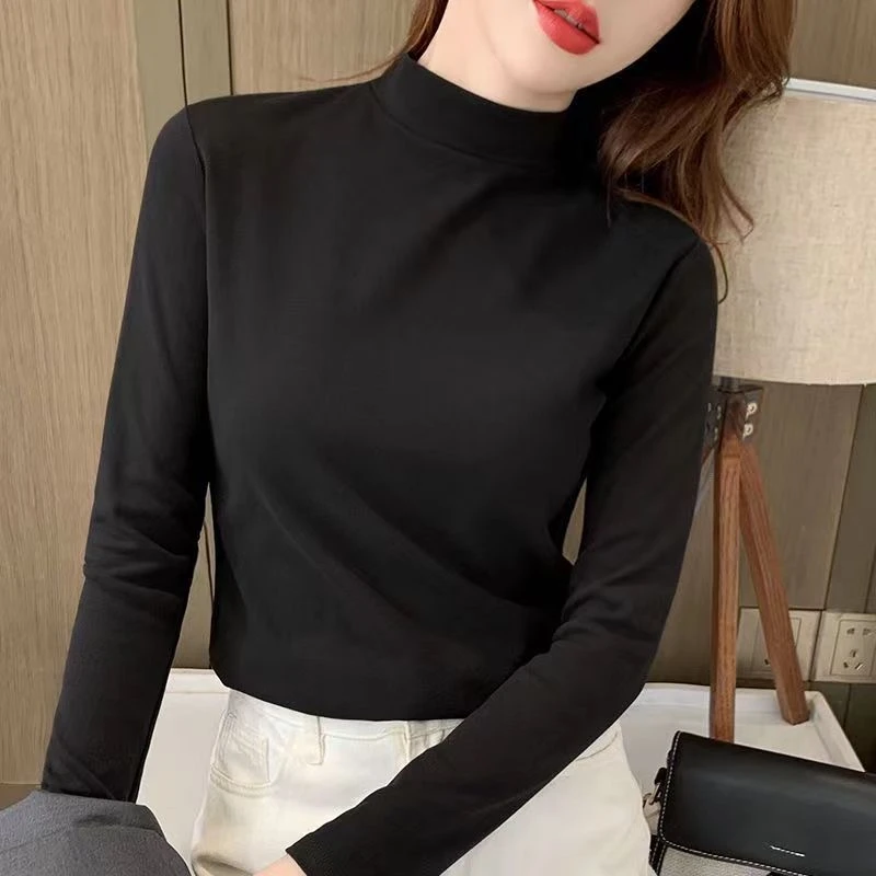 双面德绒半高领保暖打底衫秋冬修身百搭长袖T恤女上衣
