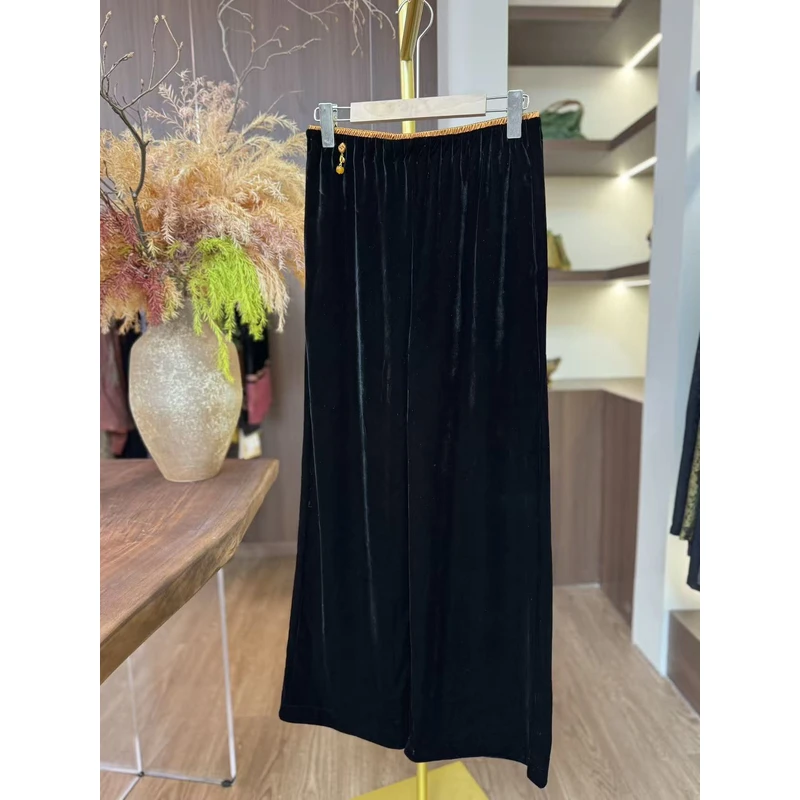 【裤王】2025秋冬新款桑蚕丝丝绒阔腿裤女松紧腰中国风长裤女显瘦