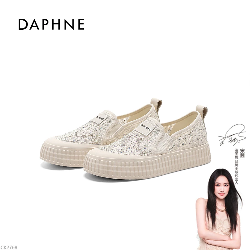 达芙妮透气休闲鞋女2025夏新款时尚网面鞋针织亮片板鞋防滑厚底L