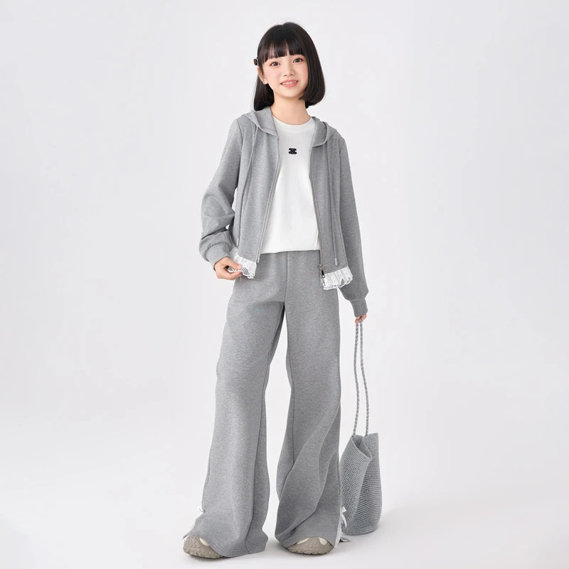 2253女长袖拼接连帽外套套装2025秋季新款宽松时尚高级灰色两件套