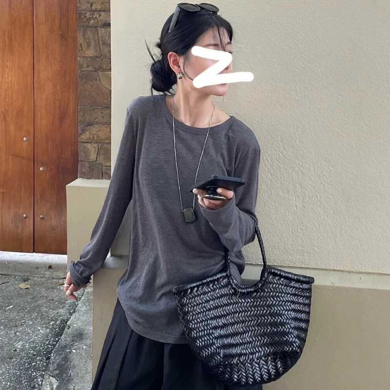 素素家韩版宽松《设计感后背开叉长袖罩衫T恤》女春小众不规则上衣