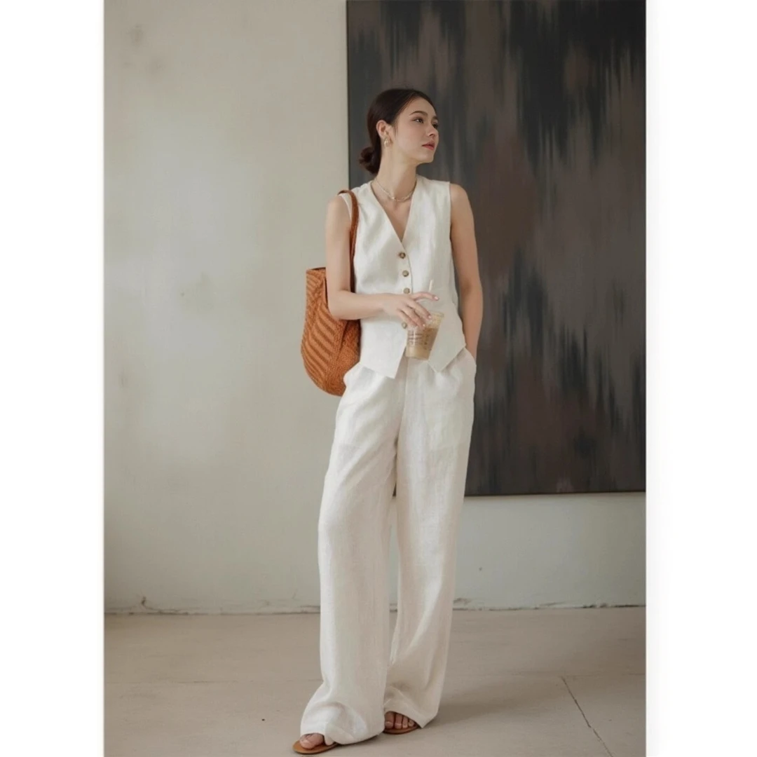 老钱高级感亚麻套装女春季慵懒松弛感无袖马甲休闲长裤棉麻两件套
