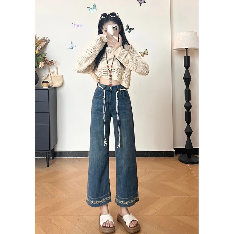 乔栈莱赛尔天丝民族风设计九分直筒牛仔裤女夏季薄款高腰显瘦阔腿