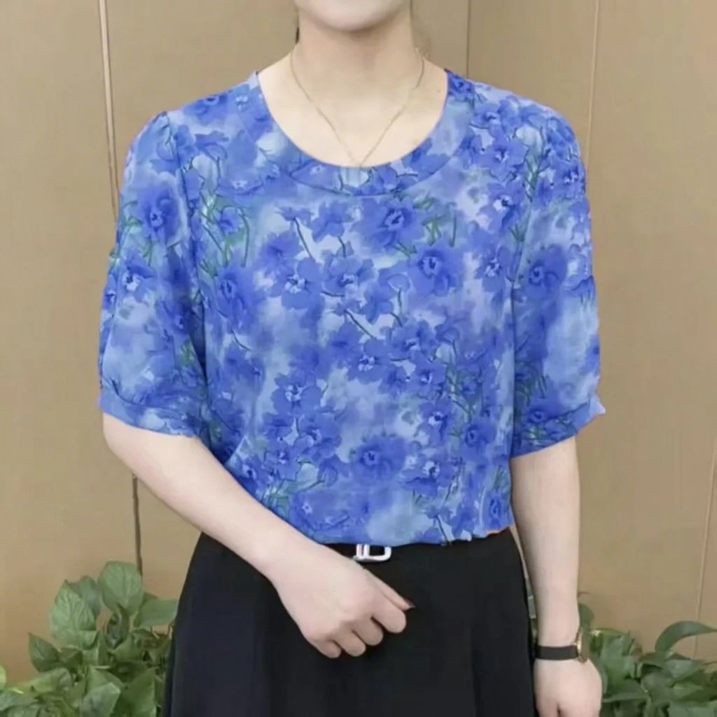 217蓝色夏新款女时尚洋气圆领气质T恤小衫减龄百搭短袖上衣妈妈装