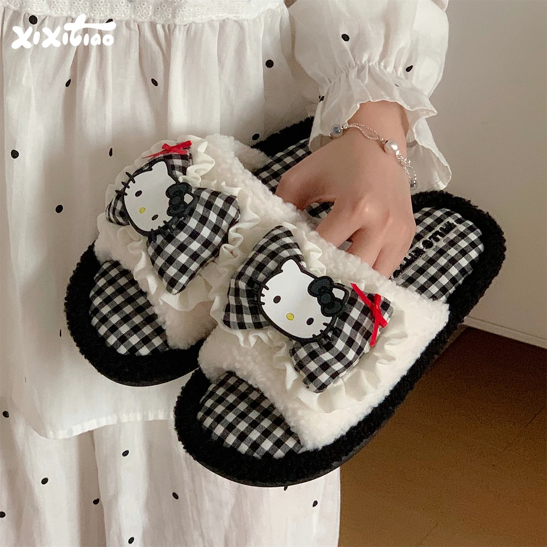 细细条 网红正版HelloKitty棉拖鞋女冬休闲居家防滑一字毛毛拖鞋