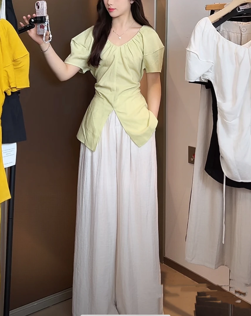 〔福〕喜糖（8606#）新款纯色百搭V领系带上衣