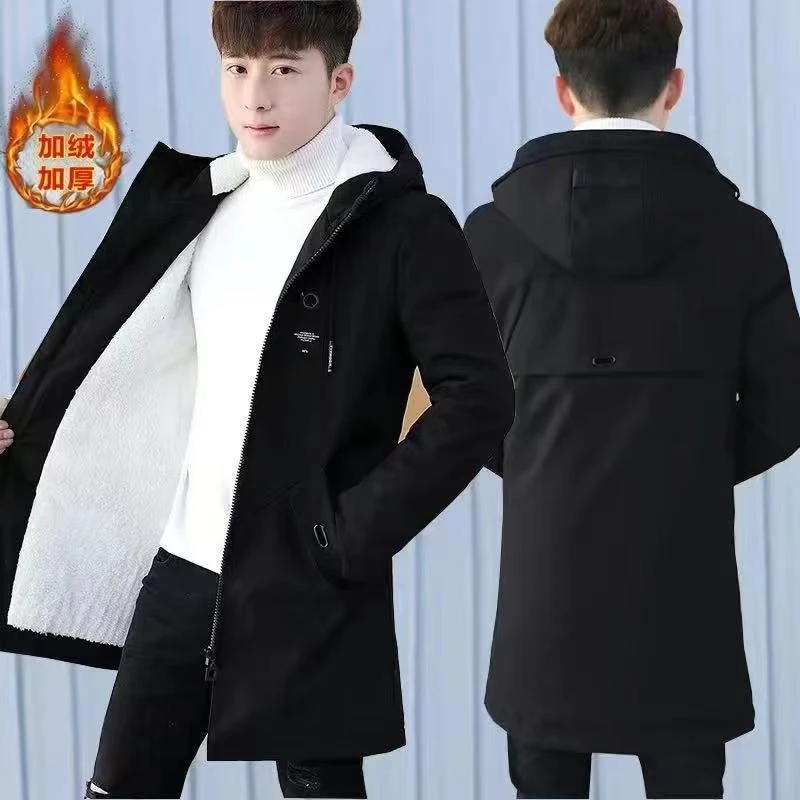 加绒加厚外套男士冬季风衣中长款纯色夹克韩版潮流大码休闲装衣服