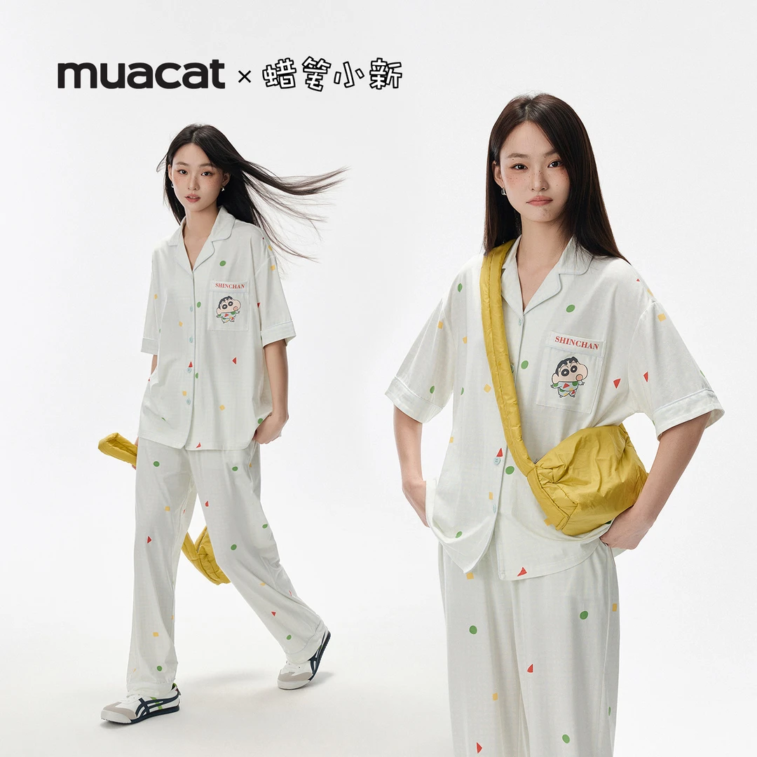 亲嘴猫【蜡笔小新】莫代尔棉可外穿卡通短袖睡衣家居服套装春夏女
