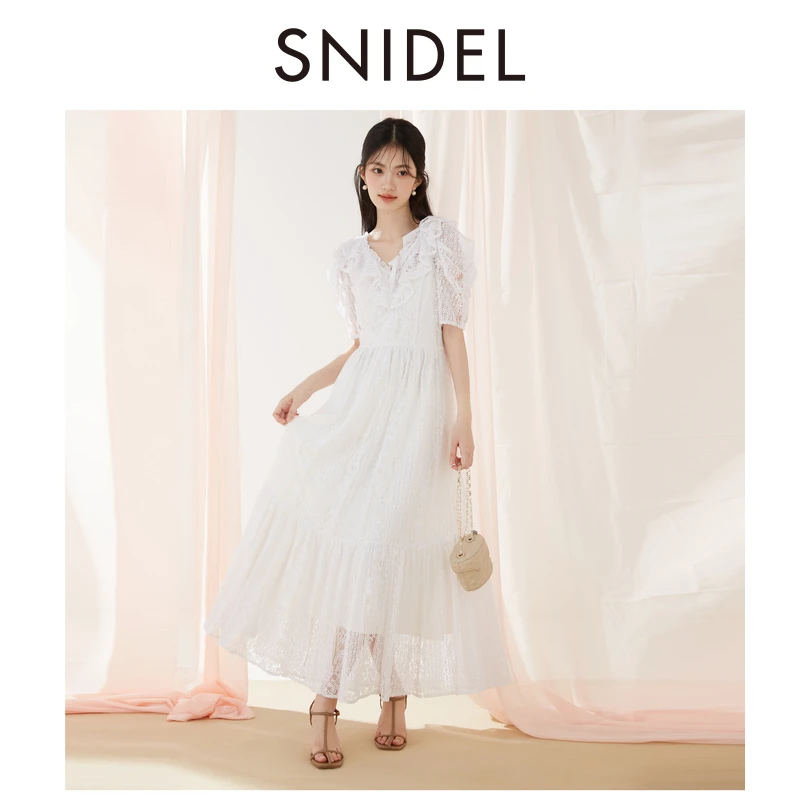 SNIDEL2025春夏新品优雅蕾丝镂空钩花荷叶边连衣裙SWFO252067