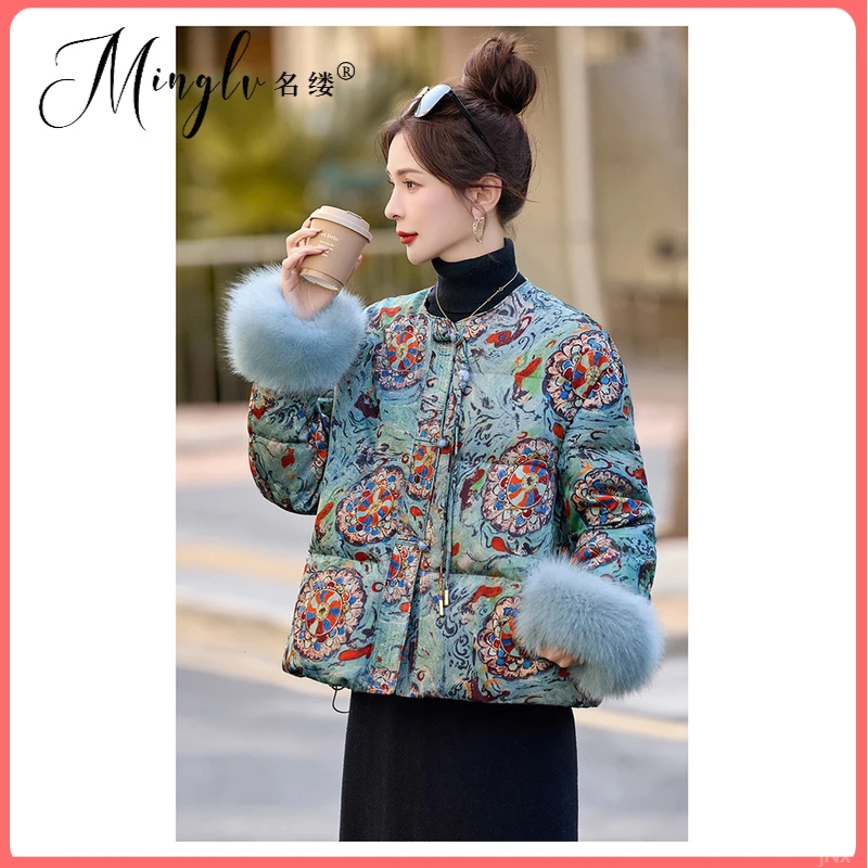 新中式国风印花短款羽绒服女高级感2025冬季新款时尚洋气轻奢外套