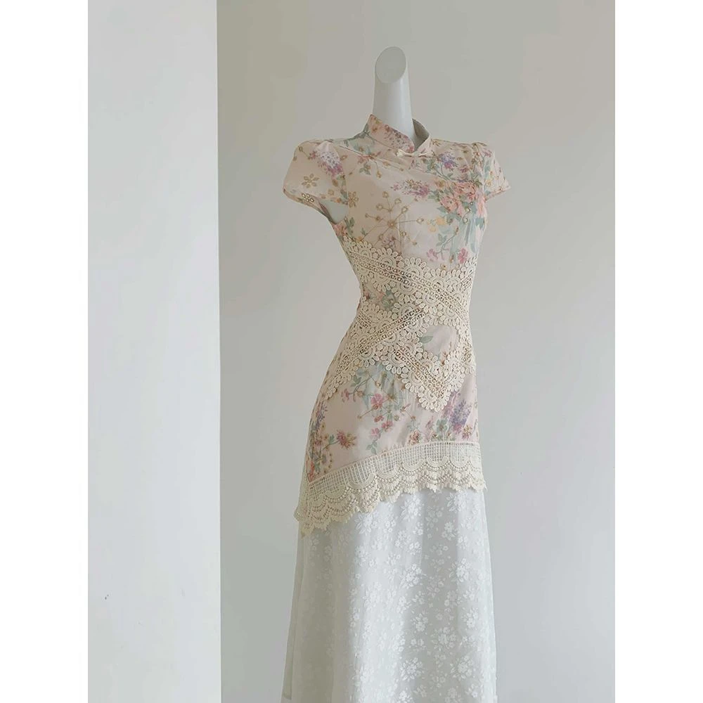 【月华绣影】新中式假两件印花改良旗袍2025夏蕾丝拼接镂空旗袍裙