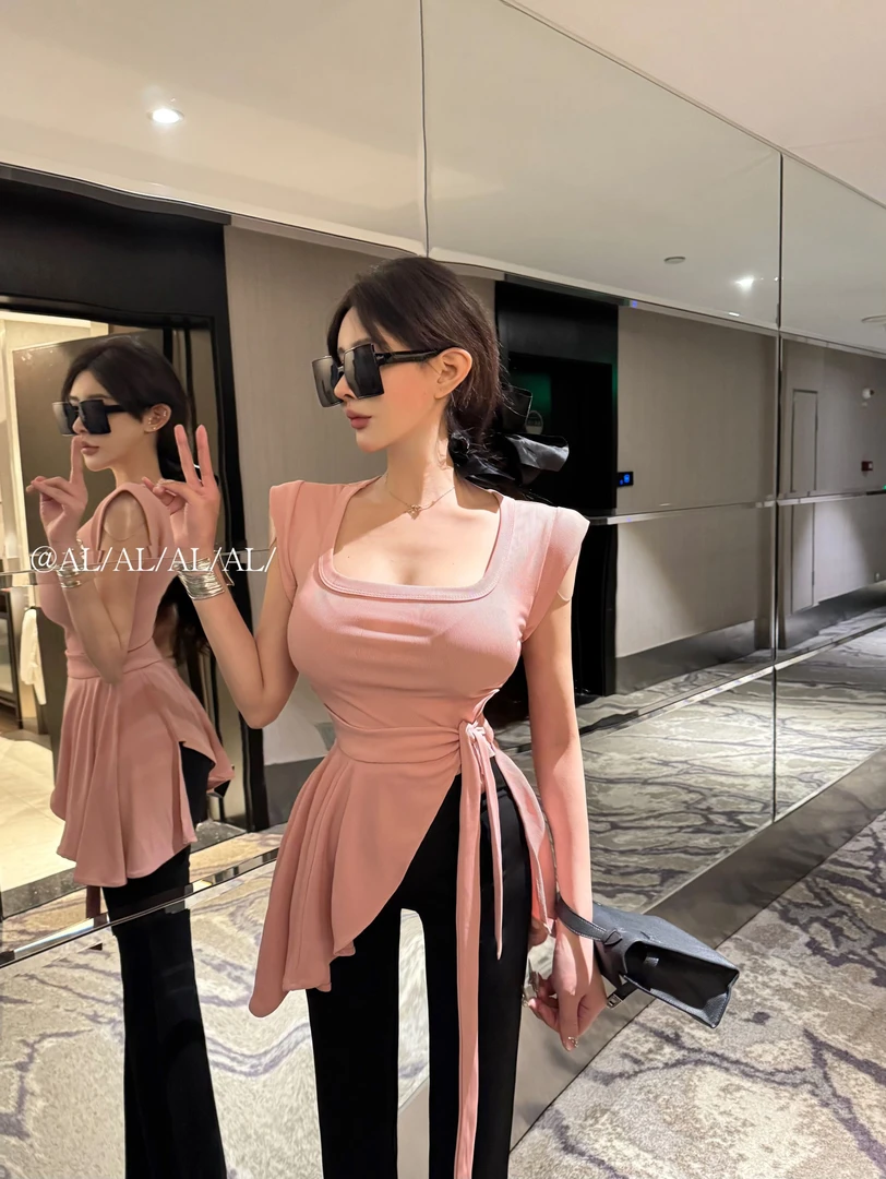 AL SHOP【白桃乌龙】韩系新款洋气高级感百搭显瘦收腰打底上衣