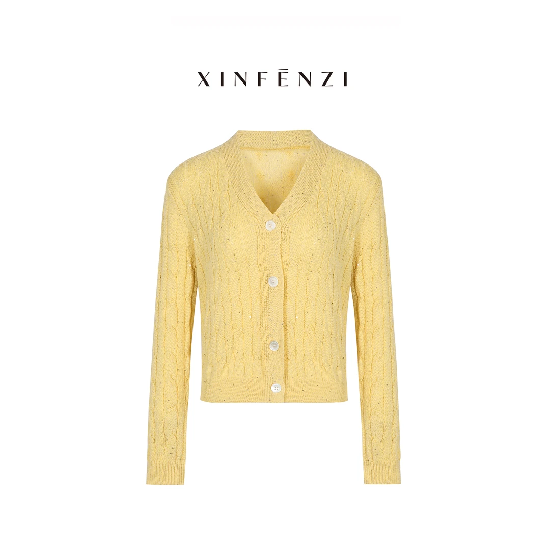 【清雅开衫】 XINFENZI 天丝亚麻珠片绞花针织开衫 35916