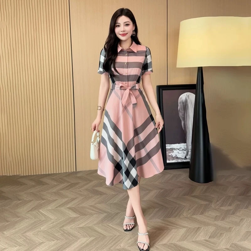 格子时尚休闲宽松版连衣裙夏季格子翻领复古修身裙子