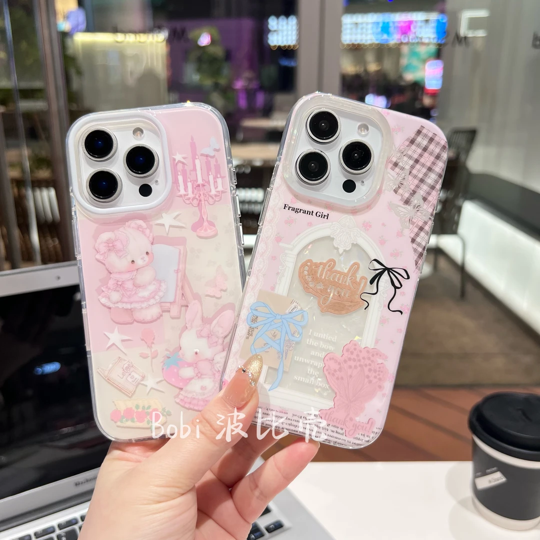 少女粉色碎花蝴蝶结兔子防摔适用于苹果手机壳iphone16pro全包/15