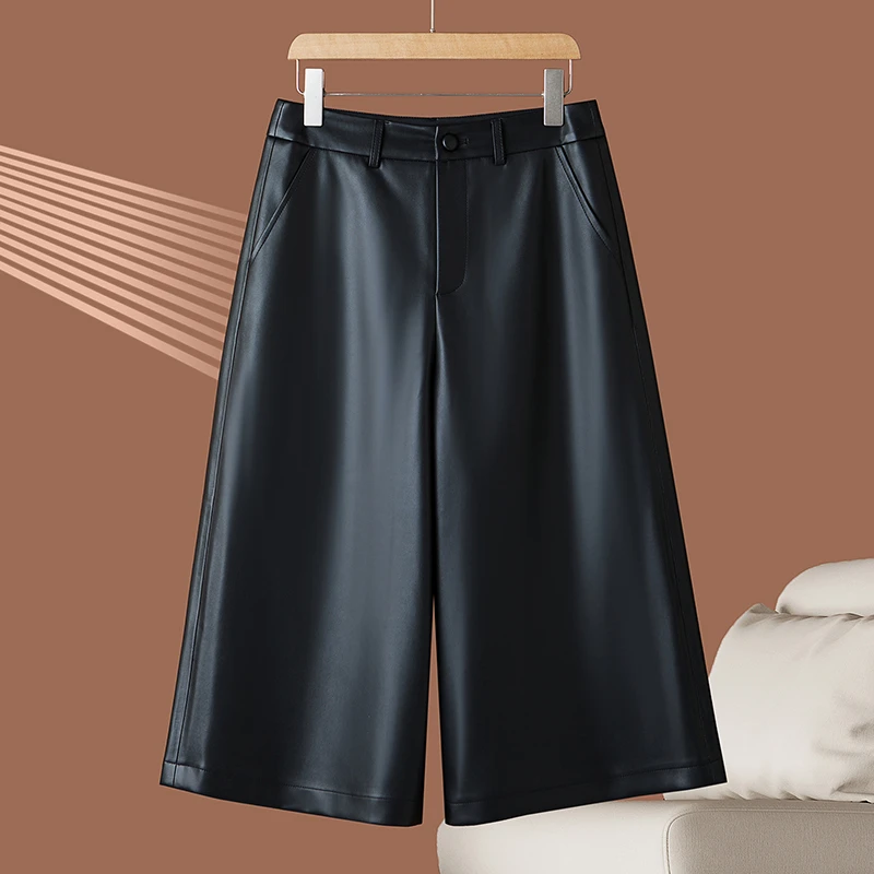 2025秋冬新款真皮皮裤女高腰显瘦绵羊皮七分阔腿裤气质休闲五分裤