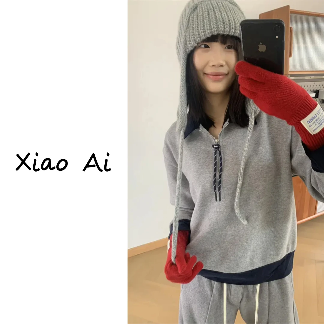 小艾~2025春季新款韩版翻领撞色拼接半拉链时尚百搭休闲卫衣女