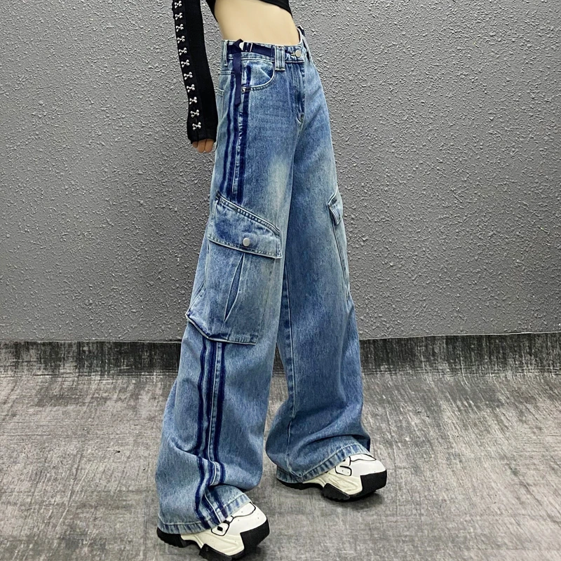 侧条纹拼色设计感牛仔工装裤女春新款高腰宽松显瘦百搭直筒阔腿裤