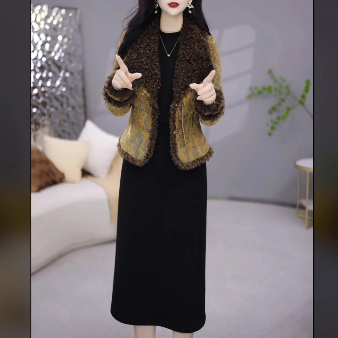 【外套+连衣裙】2025冬季加厚毛领时尚高级贵气女士气质两件套装裙