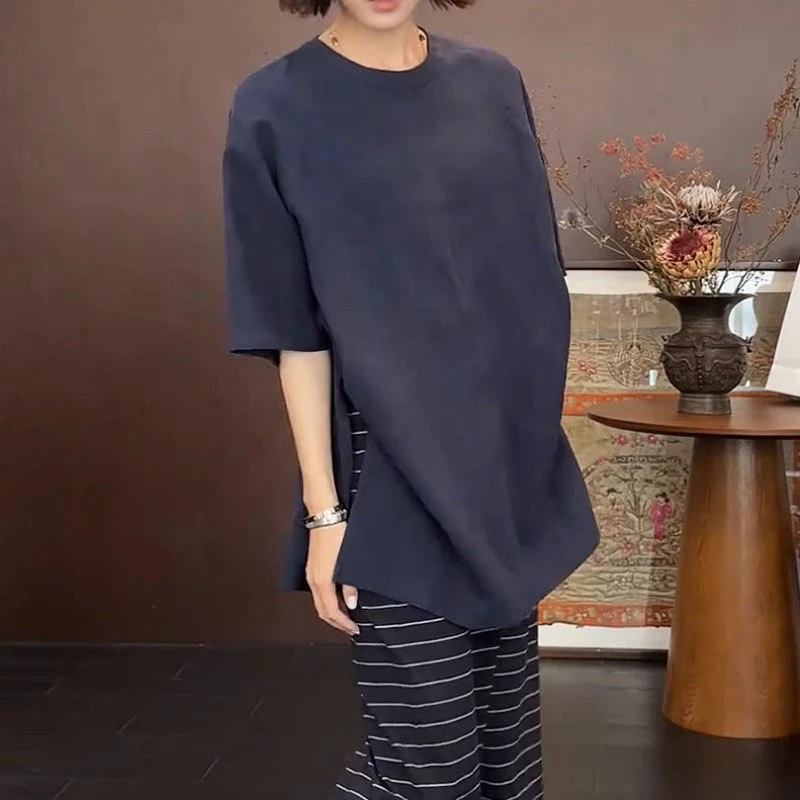 显瘦宽松韩系白色上衣夏季薄款胖MM大码女装中长款开叉短袖T恤女