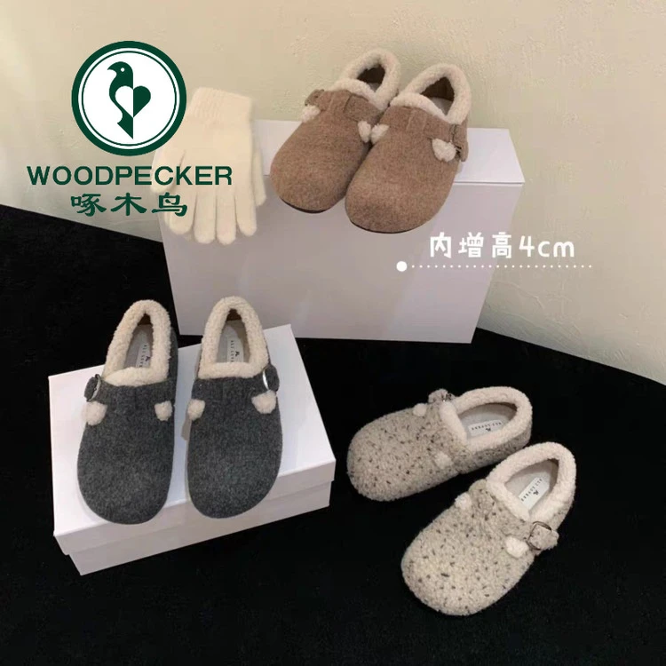 啄木鸟灰色勃肯鞋加绒毛毛拖鞋女外穿2024新款冬包头半拖保暖棉拖