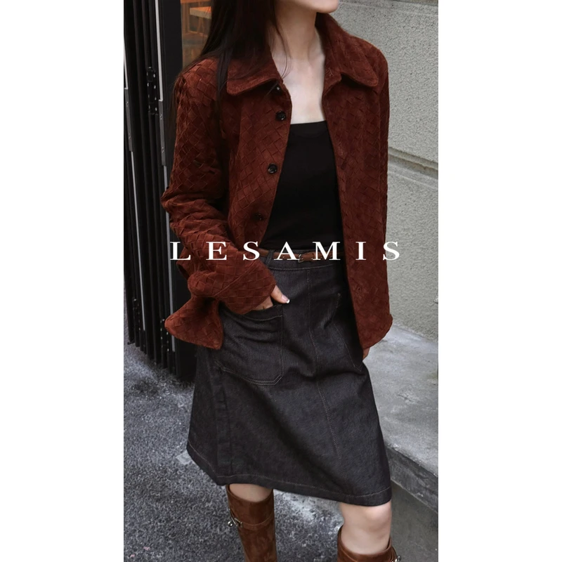 LESAMIS·「经纬艺术」定制线·重工编织红棕色山羊皮衣7710487