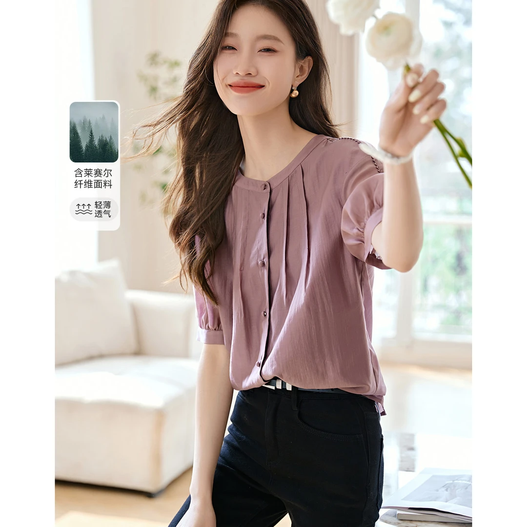 沫晗依美2025秋夏季泡泡袖花边装饰女衬衫优雅时髦感压褶衬衣1187