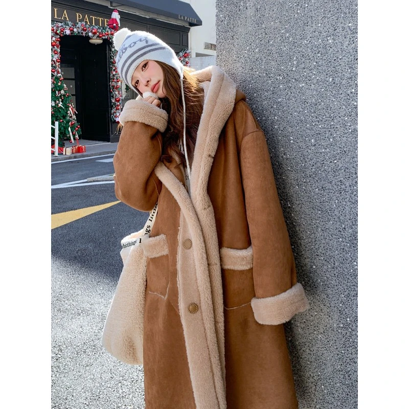 过膝长款两面穿连帽麂皮绒皮毛一体大衣女2025冬季新款羊羔绒外套