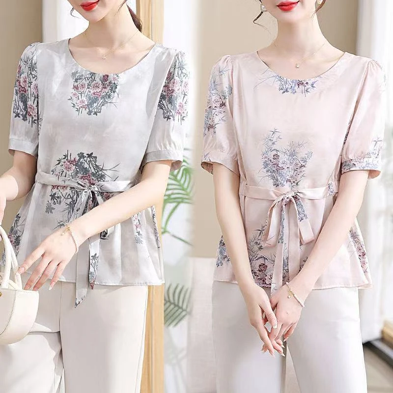 新款妈妈装系带洋气上衣短袖圆领中式印花小衫