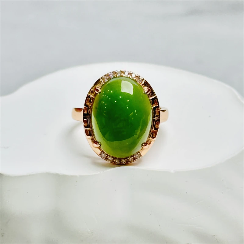 S925银镶和田碧玉大蛋面戒指/多样性发其一