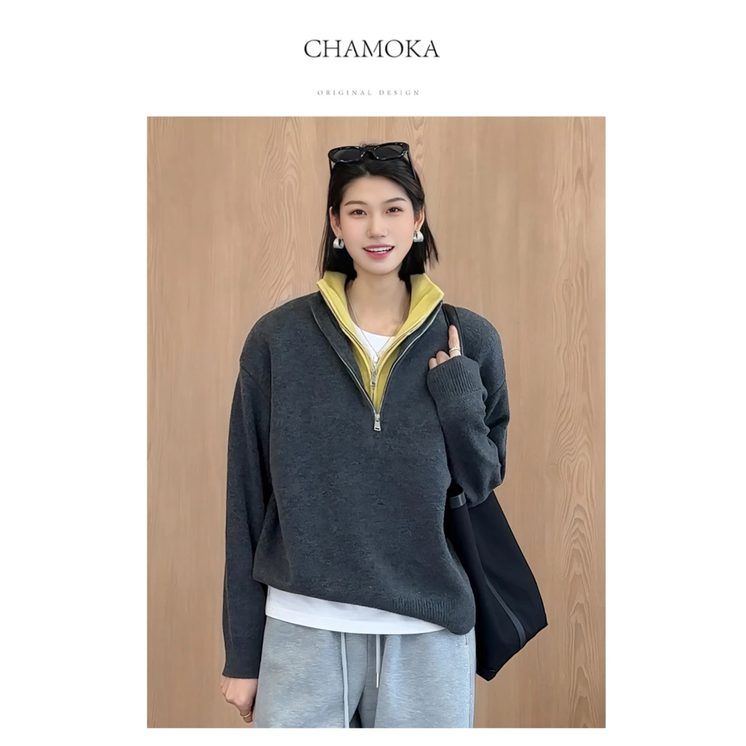 【年末收官】时髦百搭层次高阶百搭显瘦双层撞色立领毛衣L809