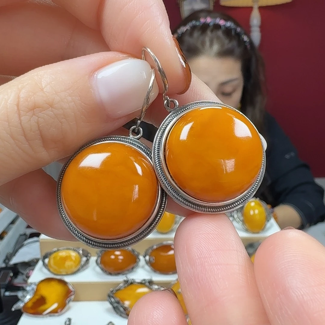 蜜蜡银S925镶嵌耳饰耳坠