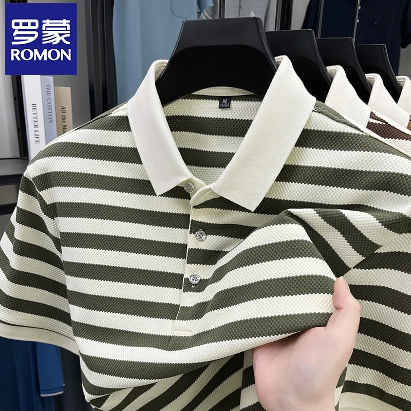 Romon/罗蒙夏季新款2025男士短袖POLO衫高级条纹休闲商务轻奢宽松