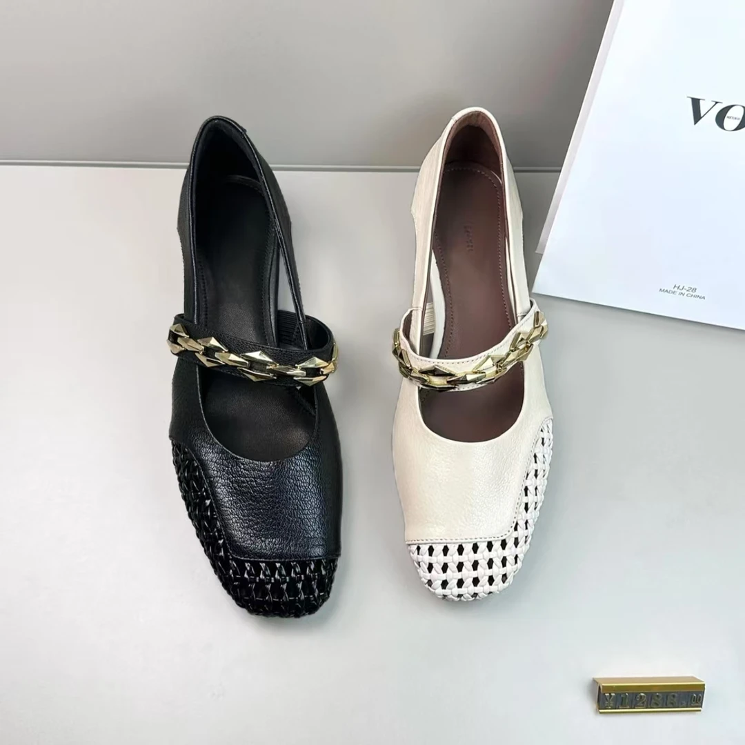 《谢亚平专属》新款包头真皮法式复古单鞋浅口编织镂空鞋5892