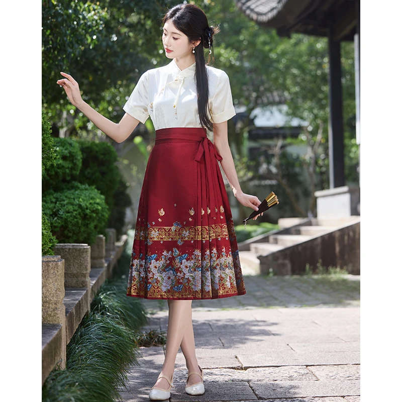 新中式国风马面裙2025新款红色中长裙搭配的上衣汉服套装平时可穿