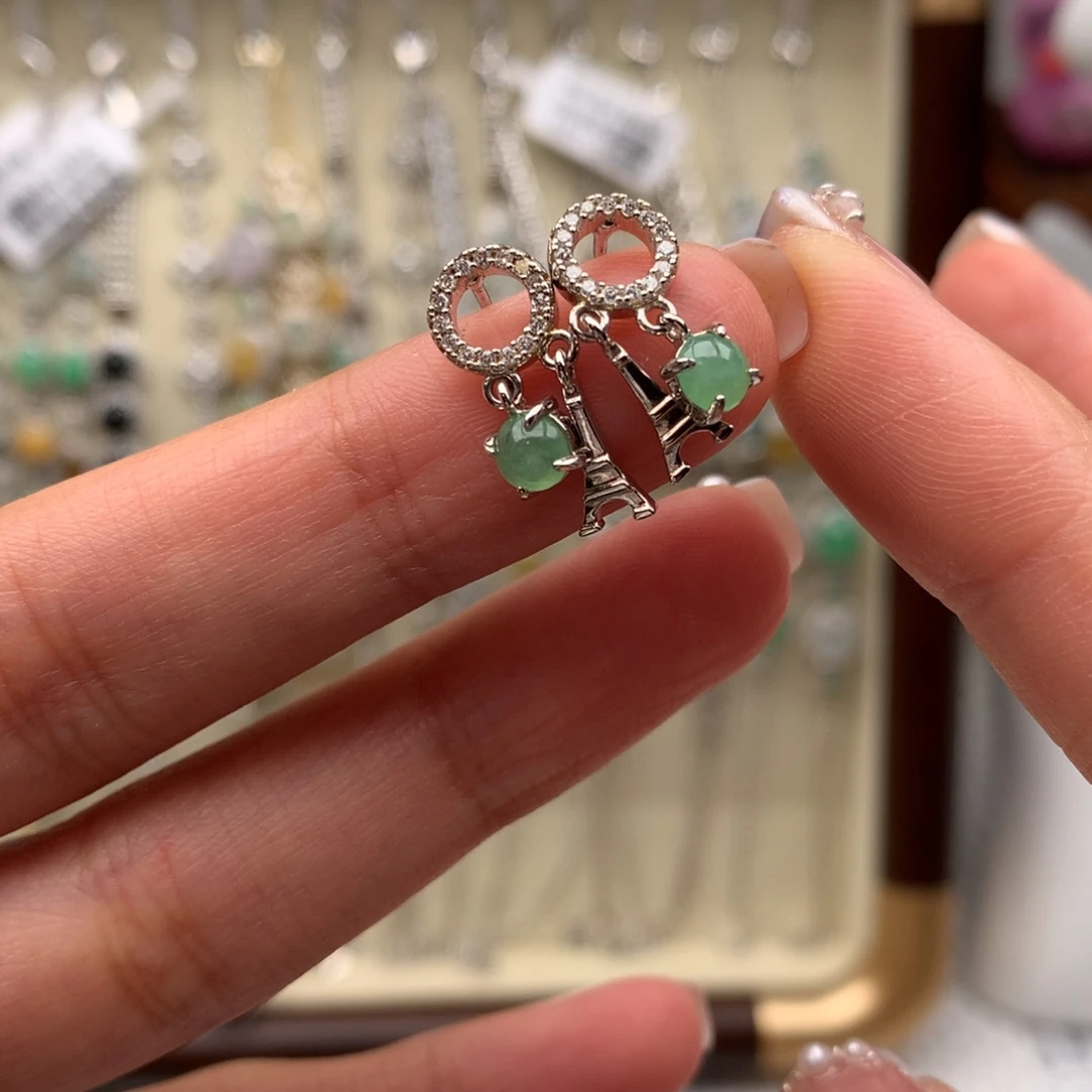 翡翠银S925镶嵌戒指耳钉