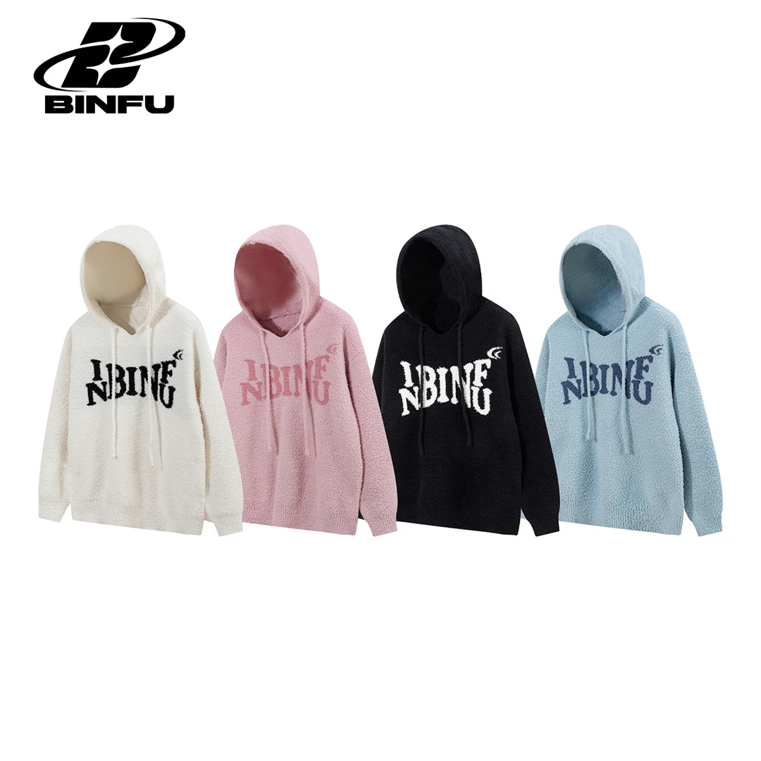 BINFU 秋冬新款半边绒英文情侣装男女同款简约休闲宽松连帽毛衣