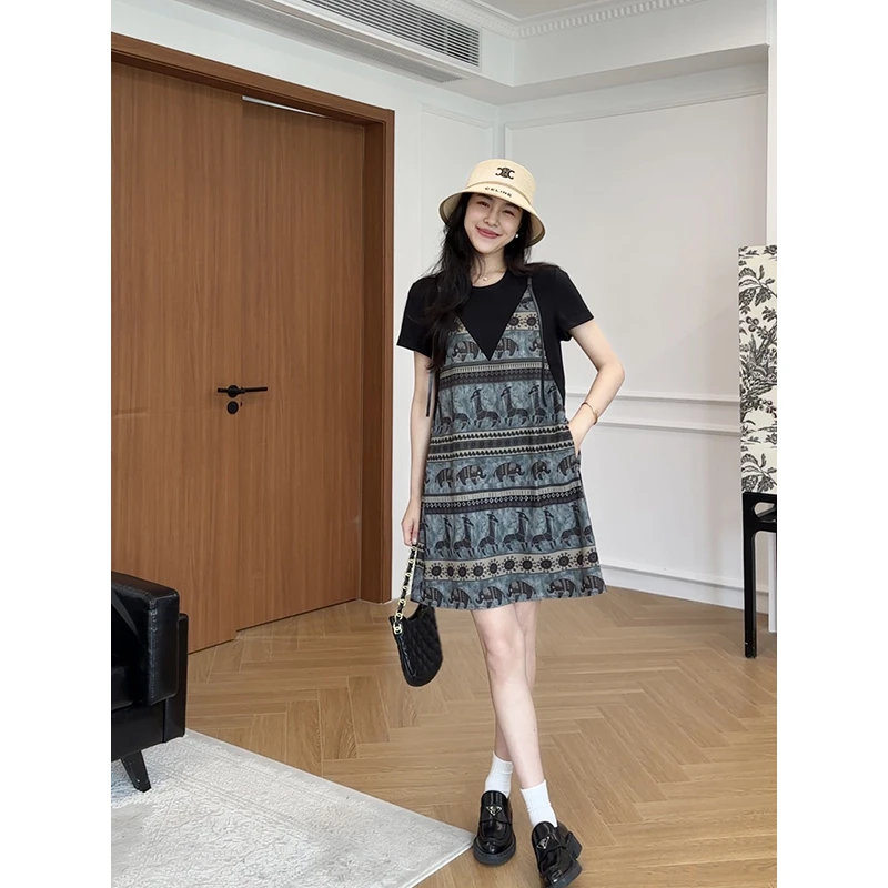 张阿星【斯米兰假日】假两件复古时髦味印花遮肉连衣裙W425Q10196