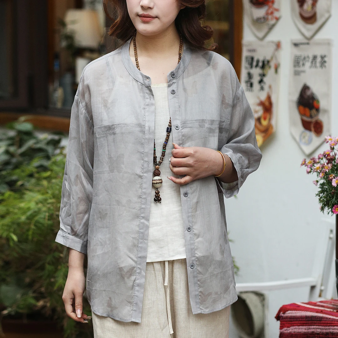 九月阿布【粉蝶】100支纯苎麻上衣春季文艺百搭气质立领衬衫6083
