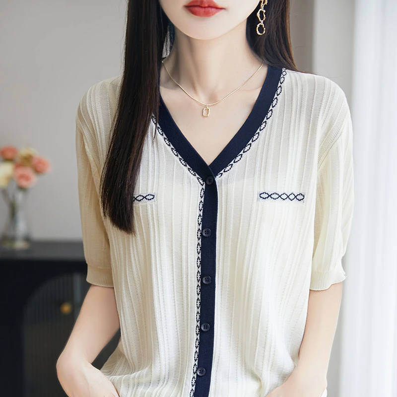 100天丝莱赛尔 V领开衫 短袖针织衫 透气晾感面料超舒服显瘦百搭