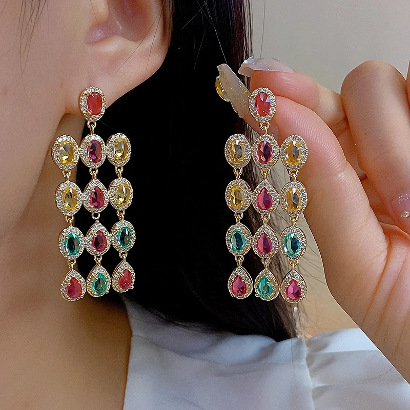 黄铜锆石耳饰 精致小众欧美百搭耳坠时尚气质流苏长款复古耳环女