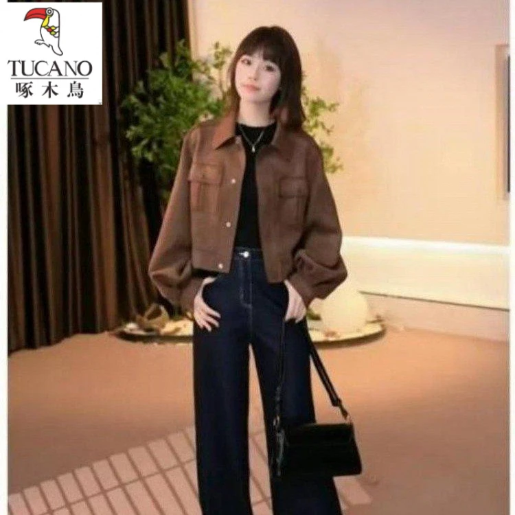 啄木鸟翻领工装短外套春季新款小个子女韩版宽松显瘦短款夹克上衣