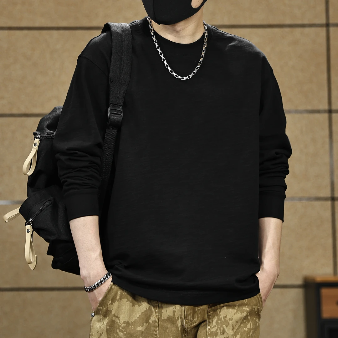 美式280g重磅纯棉休闲长袖T恤男士秋季款潮牌宽松圆领男装打底衫T