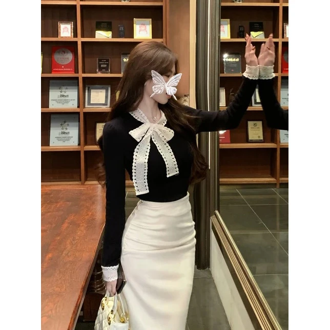 温柔小香风蝴蝶结蕾丝系带长袖上衣秋冬法式显瘦修身内搭小众上衣