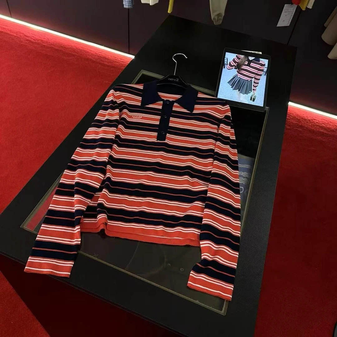 A015【P家】高版本25早春字母徽标时尚百搭翻领条纹长袖洋气针织衫