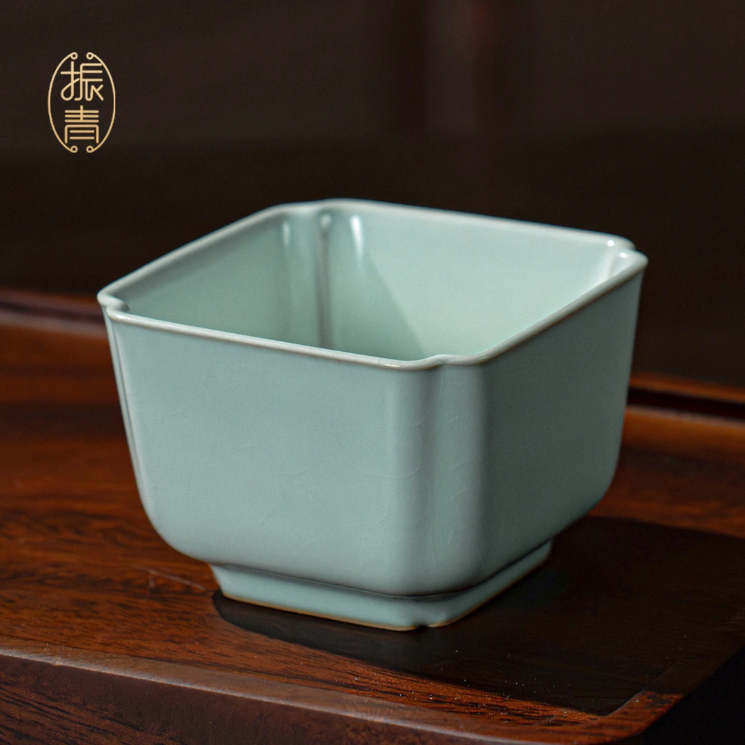汝窑四方倭口杯95ml高档茶杯品茗杯开片青瓷茶盏景德镇手工茶具