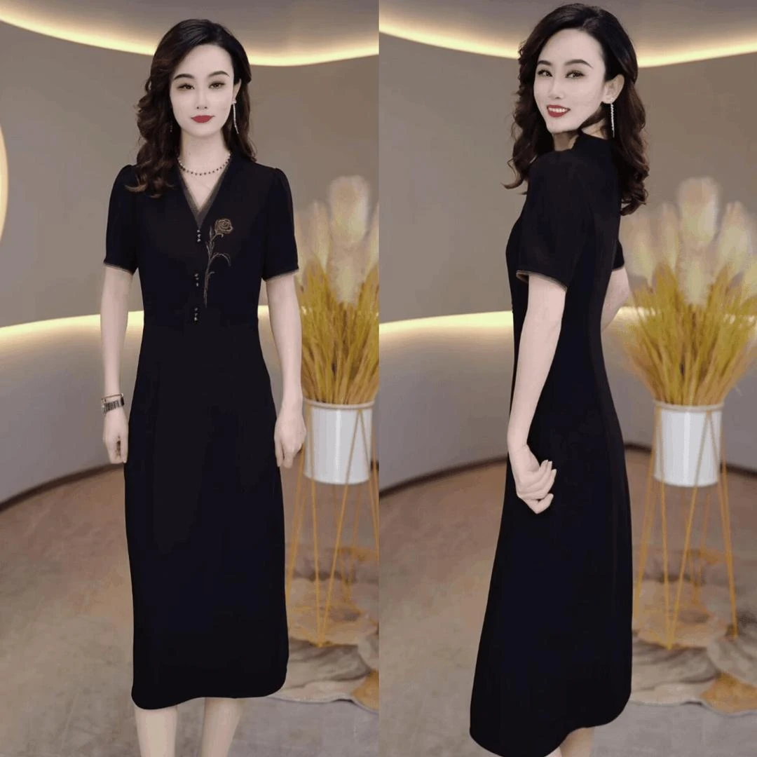 Ting 2025夏新款优雅气质减龄休闲收腰显瘦短袖连衣裙女中长款