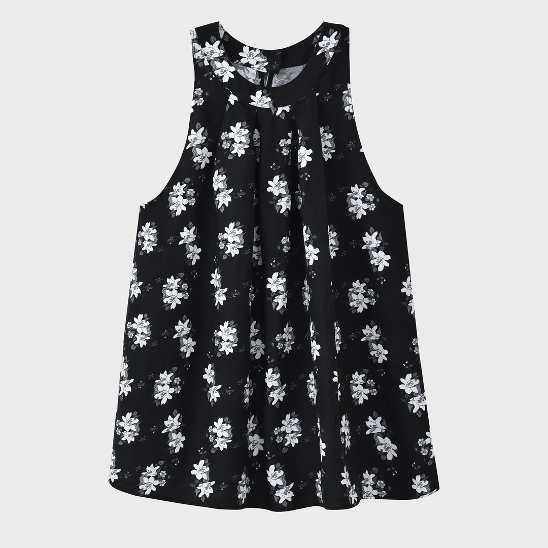 三哈宫-《无袖亚麻小衫》法式复古碎花无袖亚麻吊带小衫