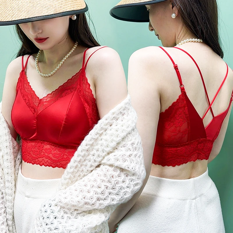 媚姬6321红色内衣 吊带背心女一体胸垫免穿文胸聚拢透气蕾丝美背