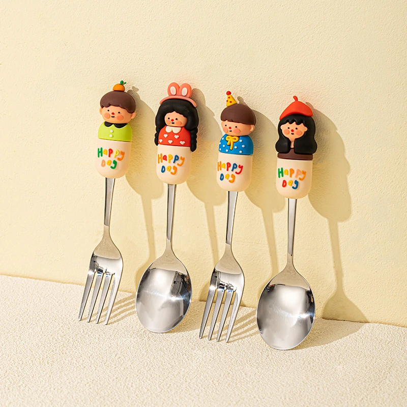 【家有儿女勺叉】4支装加厚不锈钢汤勺子水果勺成人卡通儿童勺长柄